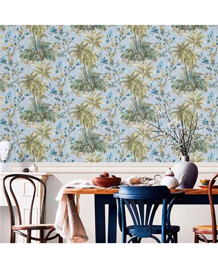 Ref.21156 ambiente real de palmeras silva essence, sobre fondo Gris en tonos Verde, Azul y Topo