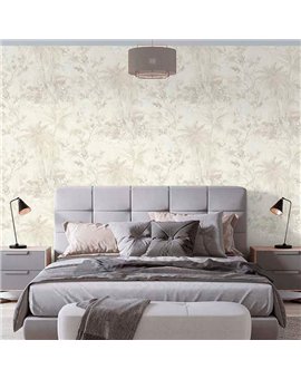 Ref.21154 estancia decorada con palmeras Nácar y Topo y fondo Blanco Roto, silva essence