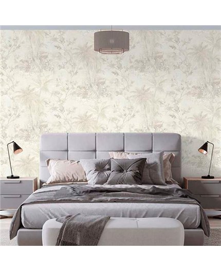 Ref.21154 estancia decorada con palmeras Nácar y Topo y fondo Blanco Roto, silva essence