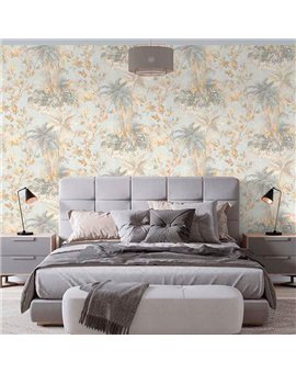 Ref.21155 ambiente con silva essence palmeras Beige, Gris y Dorado sobre fondo Topo