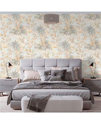 Ref.21155 ambiente con silva essence palmeras Beige, Gris y Dorado sobre fondo Topo