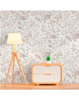 Ref.21102 ambiente con silva essence flores acuarela Gris y Topo sobre fondo Blanco Roto