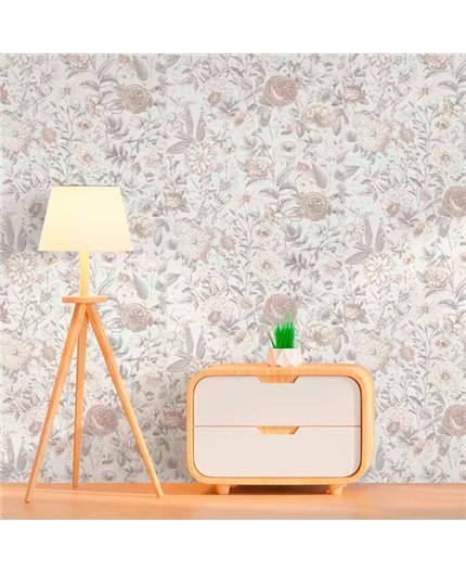 Ref.21102 ambiente con silva essence flores acuarela Gris y Topo sobre fondo Blanco Roto
