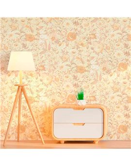 Ref.21100 ambiente real de flores grabado silva essence, sobre fondo Beige en tonos Topo, Blanco Roto y Dorado