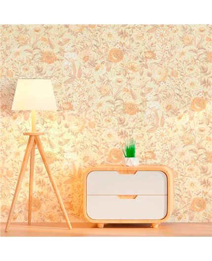 Ref.21100 ambiente real de flores grabado silva essence, sobre fondo Beige en tonos Topo, Blanco Roto y Dorado