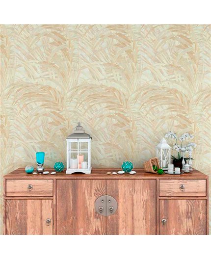 Ref.21138 estancia decorada con hojas eucalipto Dorado y fondo Beige, silva essence