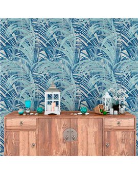 Ref.21141 ambiente real de hojas eucalipto silva essence, sobre fondo Topo en tonos Azul y Gris