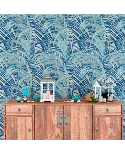 Ref.21141 ambiente real de hojas eucalipto silva essence, sobre fondo Topo en tonos Azul y Gris