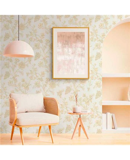 Ref.21117 ambiente real de flores grabado silva essence, sobre fondo Beige en tonos Dorado