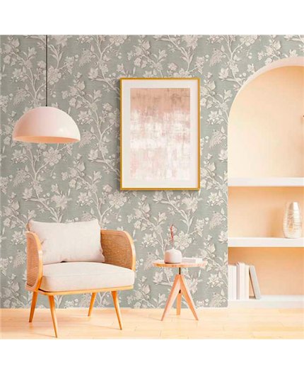Ref.21118 ambiente real de flores grabado silva essence, sobre fondo Topo en tonos Beige y Dorado