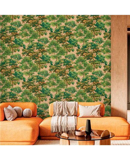 Ref.21133 ambiente con silva essence bosque Verde, Marrón y Dorado sobre fondo Beige