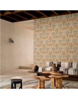 Ref.78180202 foto de ambiente palmeras art déco racines fondo Beige con Verde y Ocre