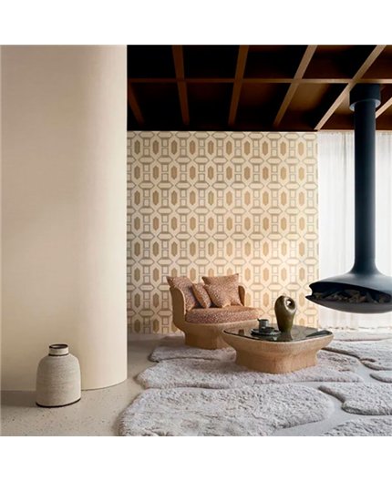 Ref.78190508 ambiente con racines mosaico art déco Verde y Ocre sobre fondo Beige