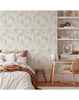 Ref.NATU-010 estancia decorada con bosque acuarela Marrón y Verde y fondo Beige, natura