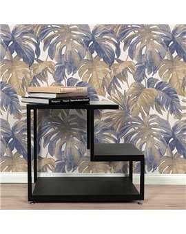 Ref.NATU-017 ambiente con natura hojas tropicales Marrón y Azul sobre fondo Beige