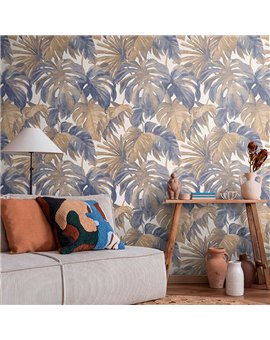 Ref.NATU-017 foto de ambiente hojas tropicales natura fondo Beige con Marrón y Azul
