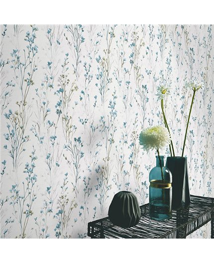 Ref.NATU-027 estancia decorada con ramas silvestres Turquesa, Verde, Gris y Topo y fondo Blanco Roto, natura