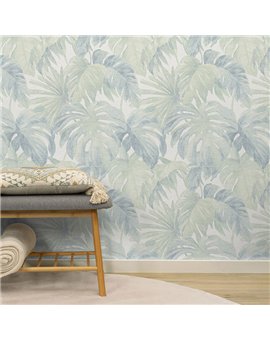 Ref.NATU-033 estancia decorada con hojas tropicales Verde y Gris y fondo Marfil, natura