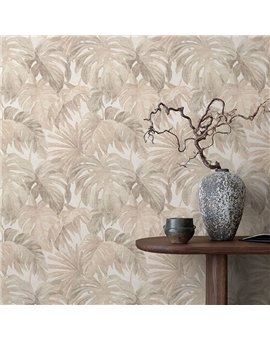 Ref.NATU-043 estancia decorada con hojas tropicales Ocre y Marrón y fondo Beige, natura