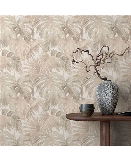 Ref.NATU-043 estancia decorada con hojas tropicales Ocre y Marrón y fondo Beige, natura