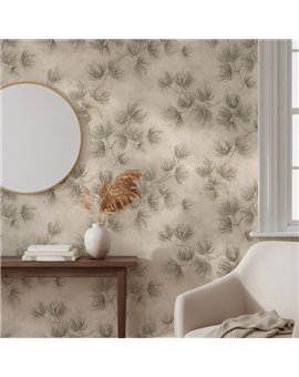 Ref.SILE-023 estancia decorada con ramas de pino Topo y fondo Beige, silence