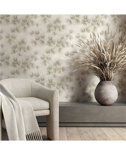 Ref.SILE-023 ambiente real de ramas de pino silence, sobre fondo Beige en tonos Topo