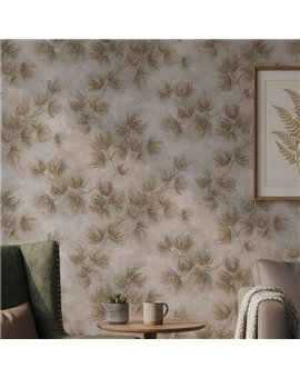 Ref.SILE-024 foto de ambiente ramas de pino silence fondo Beige con Topo y Ocre