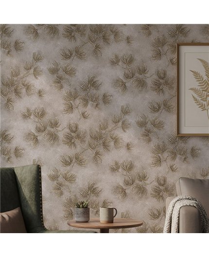 Ref.SILE-024 foto de ambiente ramas de pino silence fondo Beige con Topo y Ocre
