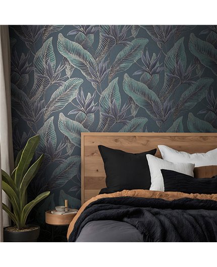 Ref.SILE-043 foto de ambiente hojas tropicales silence fondo Verde con Gris y Dorado