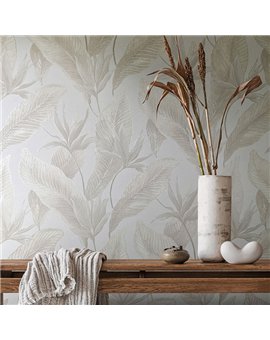 Ref.SILE-054 estancia decorada con hojas tropicales Topo y Dorado y fondo Beige, silence