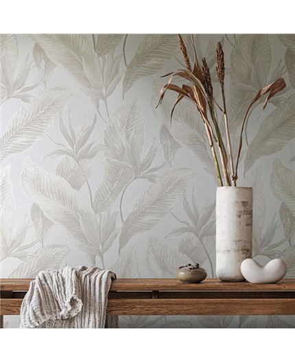 Ref.SILE-054 estancia decorada con hojas tropicales Topo y Dorado y fondo Beige, silence
