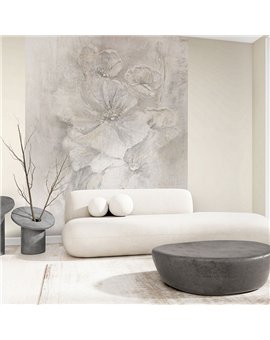 Ref.SILE-055 ambiente con silence mural flores óleo Topo, Gris y Ocre sobre fondo Beige
