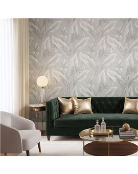 Ref.SILE-071 ambiente con silence hojas tropicales Topo y Plateado sobre fondo Gris