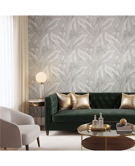Ref.SILE-071 ambiente con silence hojas tropicales Topo y Plateado sobre fondo Gris