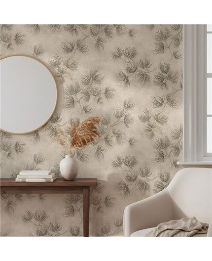 Ref.SILE-023 estancia decorada con ramas de pino Topo y fondo Beige, silence