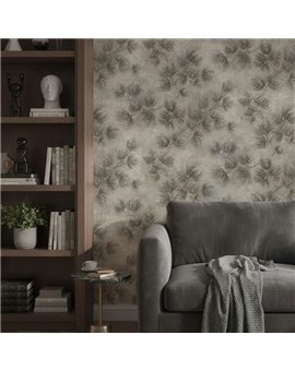 Ref.SILE-027 ambiente con silence ramas de pino Topo y Marrón sobre fondo Gris