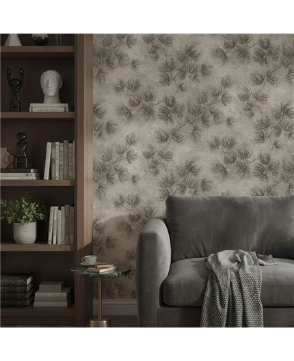 Ref.SILE-027 ambiente con silence ramas de pino Topo y Marrón sobre fondo Gris
