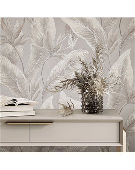 Ref.SILE-028 estancia decorada con hojas tropicales Topo, Beige y Plateado y fondo Gris, silence