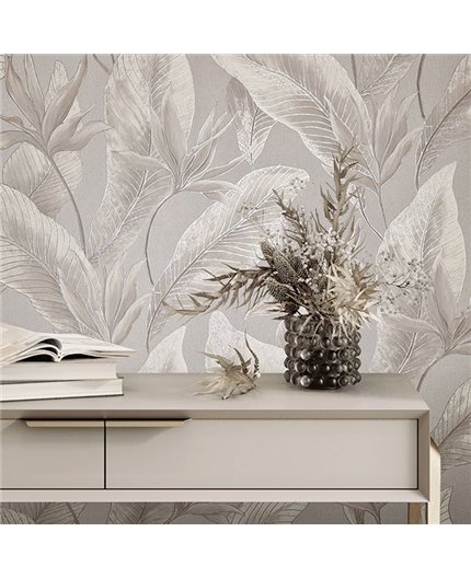 Ref.SILE-028 estancia decorada con hojas tropicales Topo, Beige y Plateado y fondo Gris, silence