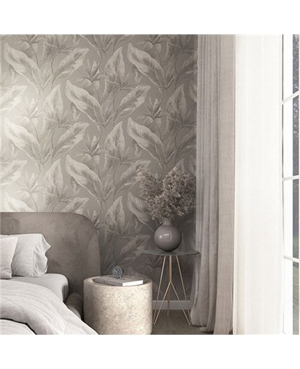 Ref.SILE-028 ambiente real de hojas tropicales silence, sobre fondo Gris en tonos Topo, Beige y Plateado
