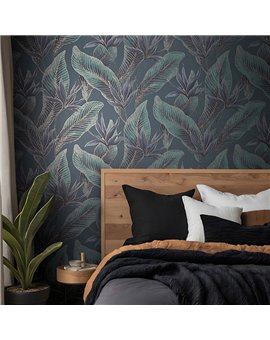 Ref.SILE-043 foto de ambiente hojas tropicales silence fondo Verde con Gris y Dorado