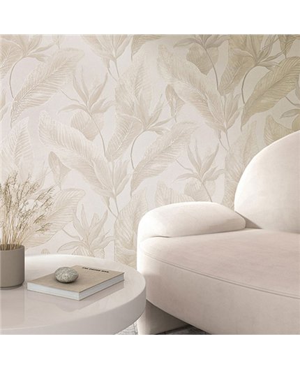 Ref.SILE-054 ambiente real de hojas tropicales silence, sobre fondo Beige en tonos Topo y Dorado