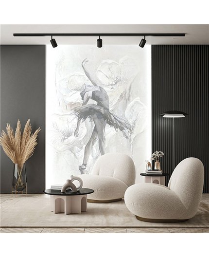 Ref.SILE-067 estancia decorada con mural bailarina Gris, Beige y Blanco Roto y fondo Topo, silence