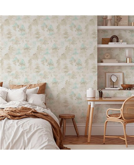 Ref.NATU-010 estancia decorada con bosque acuarela Marrón y Verde y fondo Beige, natura