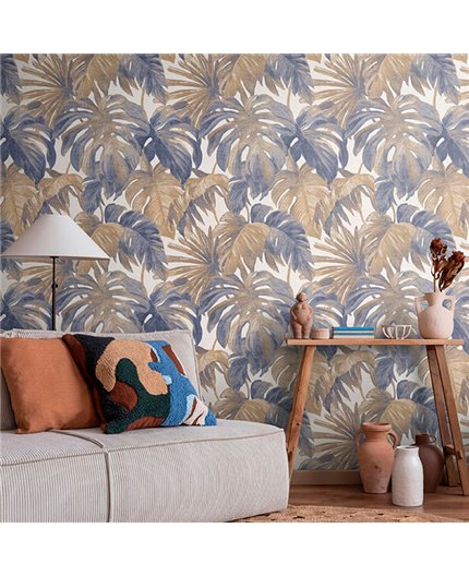 Ref.NATU-017 foto de ambiente hojas tropicales natura fondo Beige con Marrón y Azul
