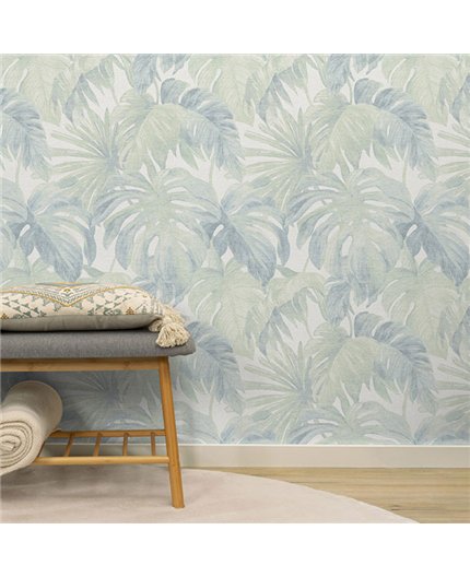 Ref.NATU-033 estancia decorada con hojas tropicales Verde y Gris y fondo Marfil, natura