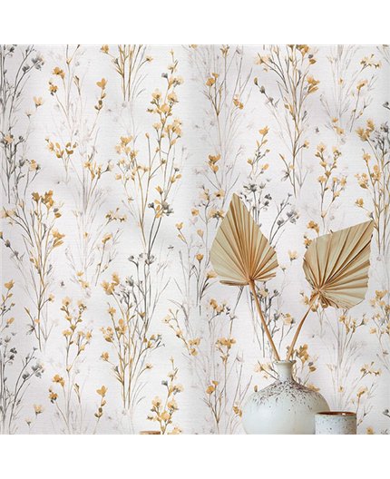 Ref.NATU-041 estancia decorada con ramas silvestres Ocre, Marrón, Topo y Gris y fondo Blanco Roto, natura