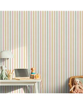 Ref.MG4104 estancia decorada con rayas combinadas Amarillo, Rosa, Verde y Naranja y fondo Blanco, magic