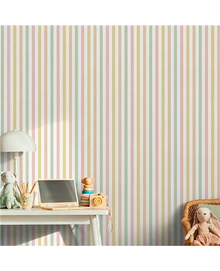 Ref.MG4104 estancia decorada con rayas combinadas Amarillo, Rosa, Verde y Naranja y fondo Blanco, magic