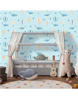 Ref.MG6201 ambiente real de ballenas y globos magic, sobre fondo Azul en tonos Multicolor